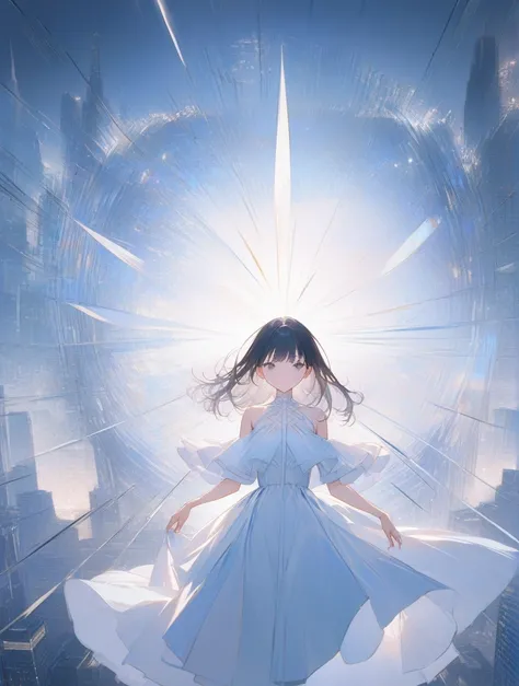 score_9, score_8_up, score_7_up, score_アニメ, masterpiece, top quality, delicate illustration, sharp lines, sharp focus, BREAK, 
Blue and white motif、Add a little bit of black、Girl、Fantastic lighting、Future City、佇むGirl