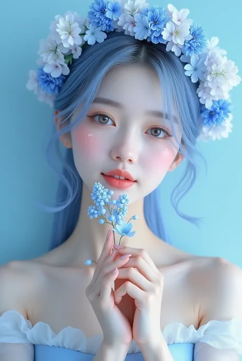  (Highest quality、8k、High resolution、(masterpiece:1.2), A full body of beautiful young Asian woman with soft, pastel blue hair and flawless skin. She wears a crown of delicate blue and white flowers, including lilacs and peonies. Small, delicate blue flowe...