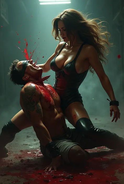 Realistic, A beautifull super woman knife, cut throat A boy prisoner blindfold neck bloody splashed, full body, wide open throat, throat contents, head turns in the opposite direction