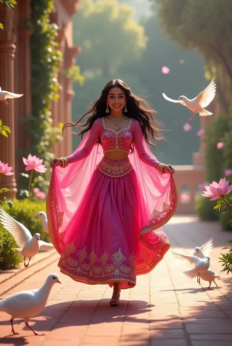 Very beautiful Rajputi princess in royal pink ghagra running in the palace from between a flock of white doves smiling playfully going towards a lake filled with Lotuses