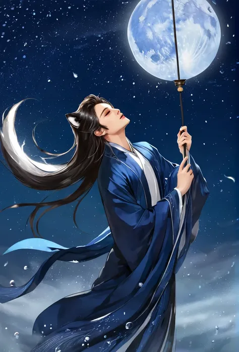 night,starry sky,water droplets suspended in the air,as if stopped，beauty,handsome nine-tailed fox handsome guy,long hair shawl,...