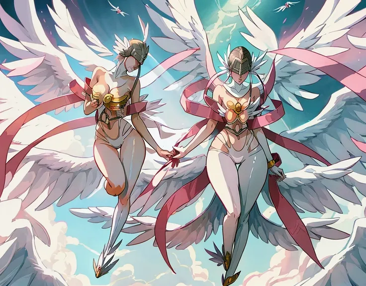 angewomon, flying,((generous neckline, wide hips, long legs, beautiful mouth))), (multiple angel wings, warm light, light source...