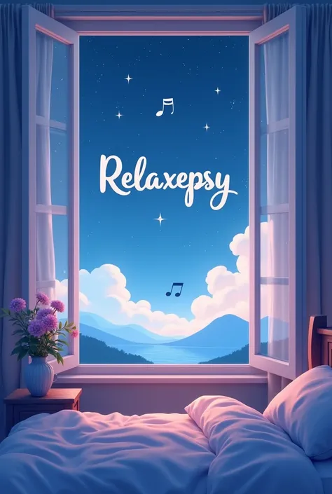 Create a YouTube channel banner for a lofi music channel called Relaxepsy. The design should evoke a peaceful and calming atmosphere, perfect for relaxing, studying, or unwinding. Incorporate elements like a serene night sky with twinkling stars, a cozy be...