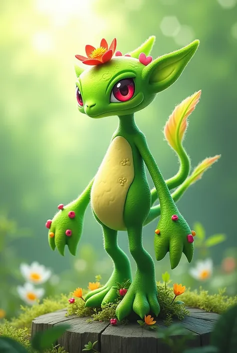 容姿: verdantmon is a plant-like Digimon, who looks like a young, flowering seedling looks like. It has bright green leaves and flowers, that adorn his body. His head is crowned by a small flower, and his arms end in leaves, that act like hands.