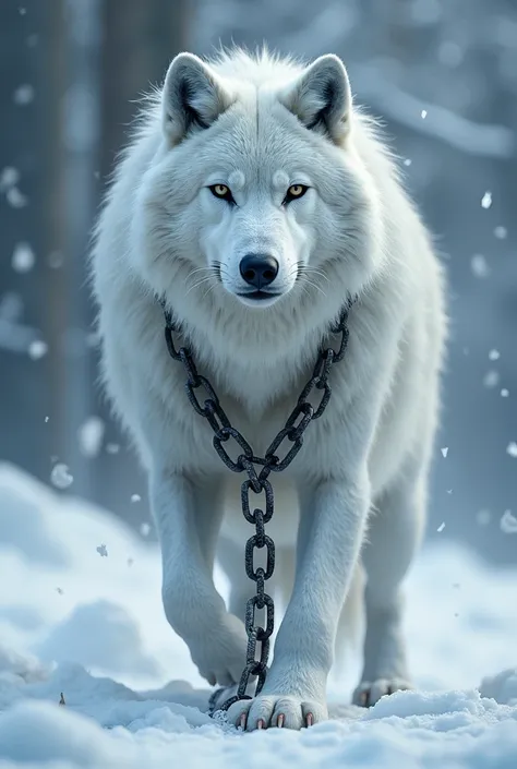 A snow wolf with chains around its neck, but the chains are breaking