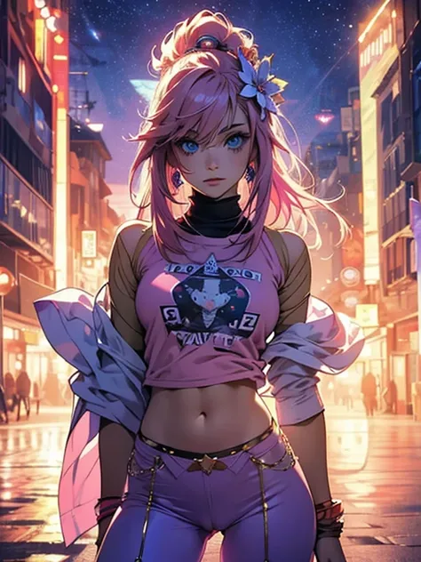 artwork, Best Quality,lacus-bk, 1 girl, Alone, by the wide, Pink hair, very by the wide, blue eyes, hair ornament, T-shirt top, featured sleeves, Cowboys, camel toe, there will be a gap