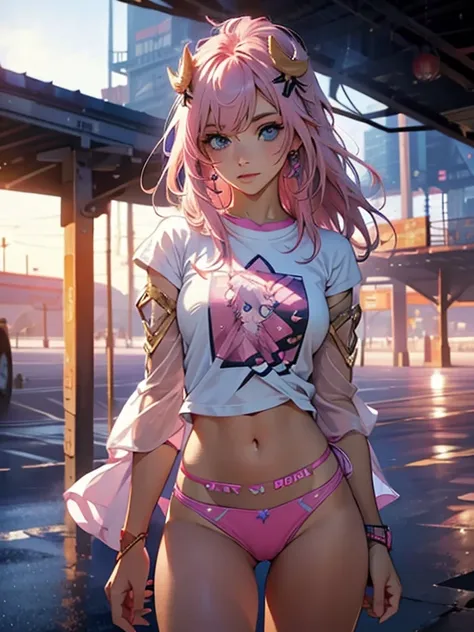 artwork, Best Quality,lacus-bk, 1 girl, Alone, by the wide, Pink hair, very by the wide, blue eyes, hair ornament, T-shirt top, featured sleeves, Cowboys, camel toe, there will be a gap