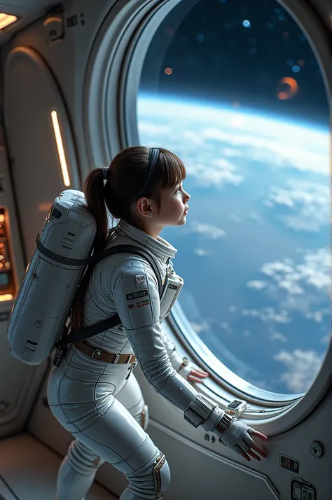 A girl wearing a space suit on spacecraft watching earth from space.