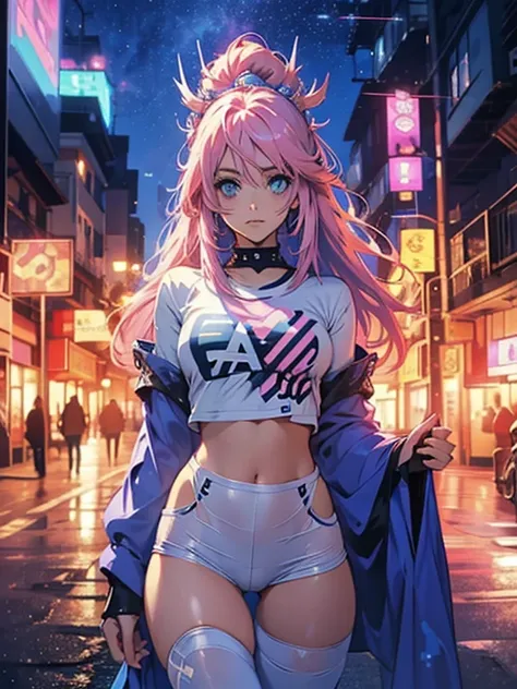 artwork, Best Quality,lacus-bk, 1 girl, Alone, by the wide, Pink hair, very by the wide, blue eyes, hair ornament, T-shirt top, featured sleeves, Cowboys, (thigh gap:1.3)