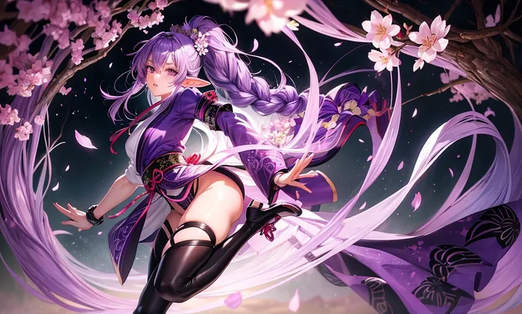 woman, 17 years, bright skin, long purple hair braided into one ponytail, purple eyes, white yukata with open legs and sakura petals, slim, nice legs, black belt, black gloves, purple sakura flowers, purple long cloak, detailing,  perfect, red and black br...