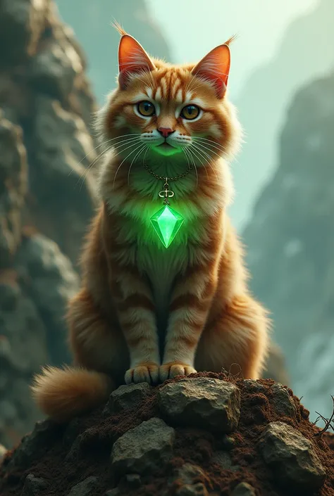 A brown cat with brown eyes and a green glowing stone hanging around its neck.
The cat sits on a mountain of earth. 