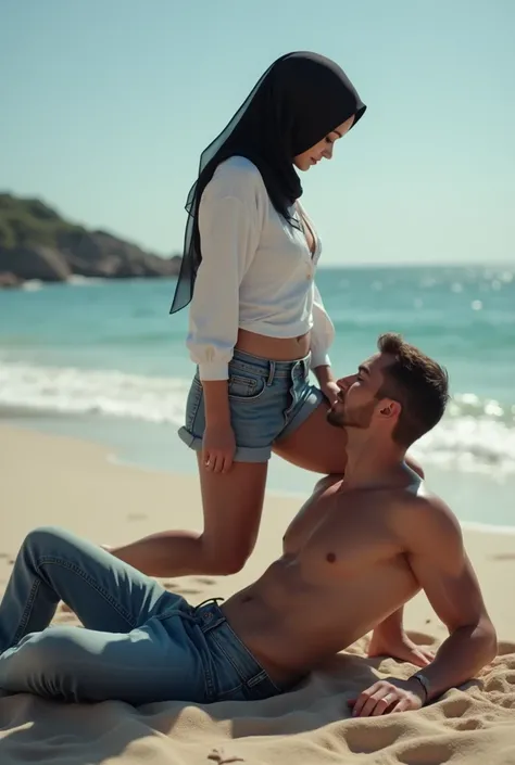 Black headscarf on the beach, blue jeans, Sexy skinny woman in white shirt. Man lying in front of woman. Woman puts her foot on man&#39;s sweatpants. Another man kissing the same woman