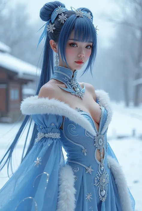 
image of a highly stylized Japan girl character, possibly inspired by real aesthetics. The character is wearing an intricate, revealing outfit with icy blue and white colors, See the nipples outside the shirt, adorned with snowflake patterns and fur trims...