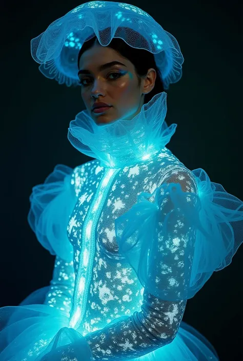 fashion portrait, bioluminescent clothing, Haeckel Inspired, Umbrella Medusa Jellyfish.captured on Hasselblad X1D, 100mm