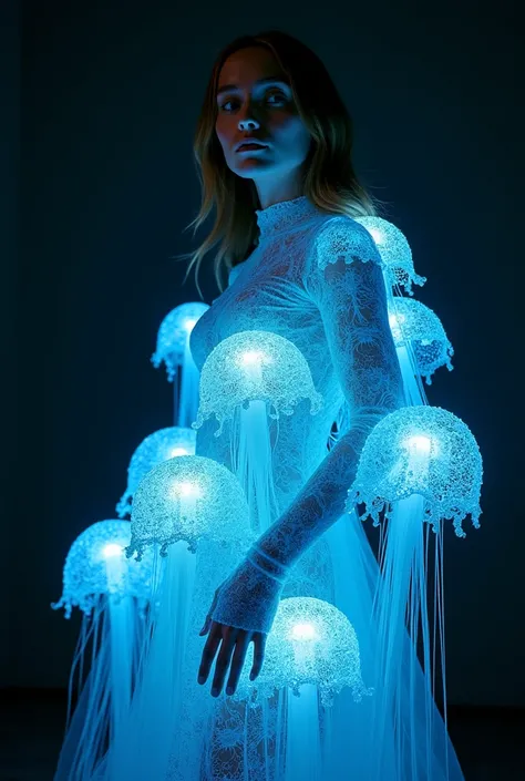 fashion portrait, bioluminescent clothing, Haeckel Inspired, Umbrella Medusa Jellyfish.captured on Hasselblad X1D, 100mm