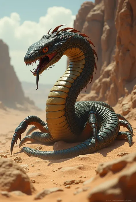 The hybrid of the cobra and scorpion is a terrifying creature with the elongated body and fangs of a cobra, combined with the sharp pincers and stinger of a scorpion. It moves swiftly and strikes with deadly precision, a lethal predator in the desert.