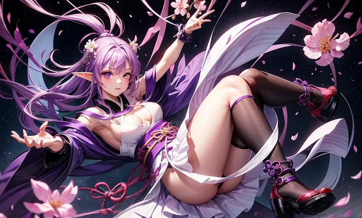 woman, 17 years, bright skin, long purple hair braided into one ponytail, purple eyes, white yukata with open legs and sakura petals, slim, nice legs, black belt, black gloves, purple sakura flowers, purple long cloak, detailing,  perfect, red and black br...