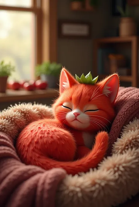 The strawberry -like Cat in the Farmer’s Home: The cat resting comfortably in a cozy corner of the farmers home, surrounded by soft blankets.