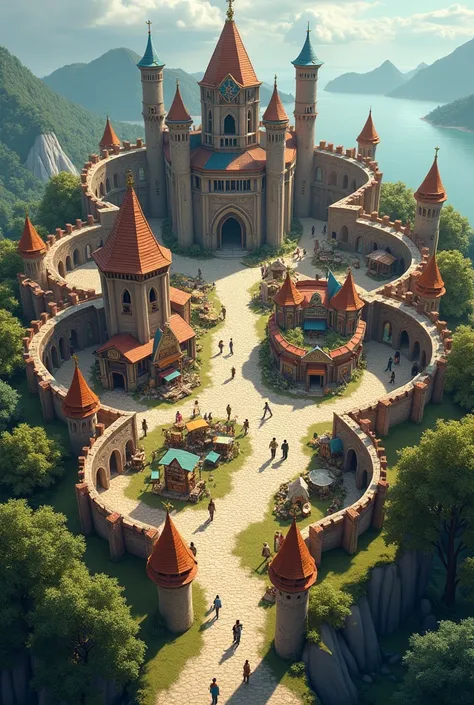 Tres Grand village royaume fantasy  vue de dessus plateau 2D avec une guilde, 
 un château, plusieurs des boutiques, beaucoup des maisons et un mur qui entoure le royaume