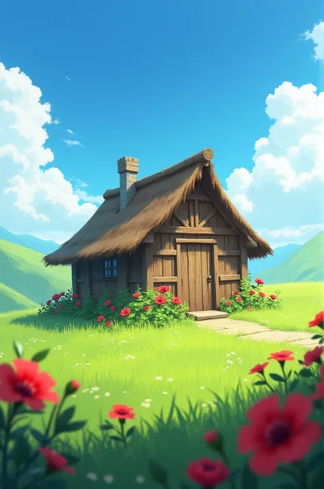 A beautiful wooden hut on the centre of grassland that is filled with beautiful red flowers and bright sky 