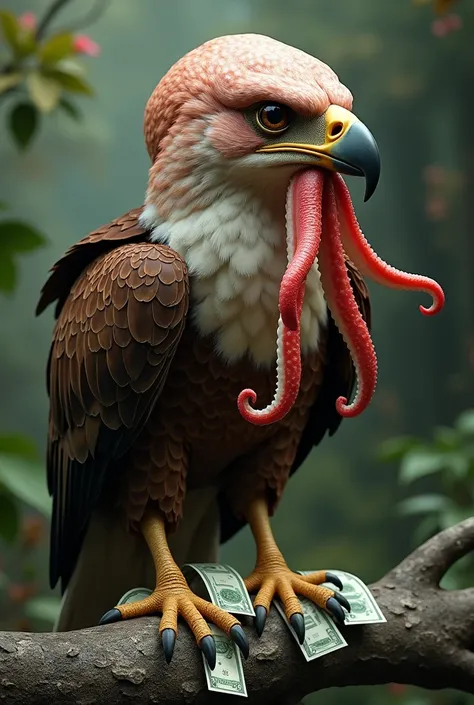 (photorealism:1.2), Philippine Eagle with a head of a squid, tentacles holding money.