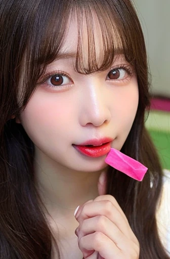 beautiful female, beautiful face, korean,stick out tongue,blowjob,holding long candy in mouth