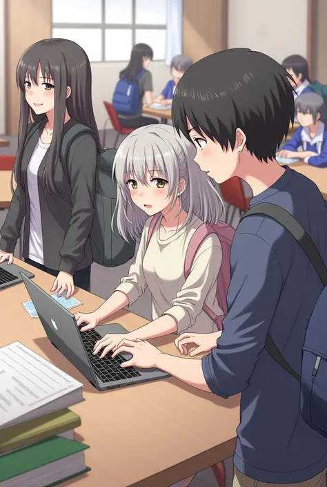 2 girl with long hair and 1 girl with short hair and 1 boy see to short hair girl who work in laptop in college senario