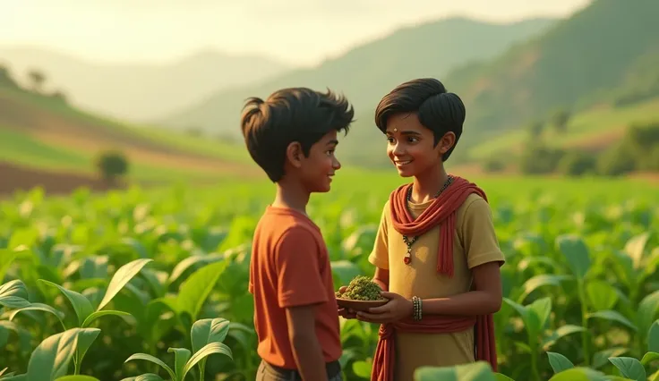 Scene 5: Ajoys Success and Gratitude
Prompt: "Show Ajoy receiving a piece of land as a gift from Vijays father, recognizing his courage and hard work. Ajoy is seen starting to cultivate the land, with lush green crops beginning to grow. Vijay stands beside...