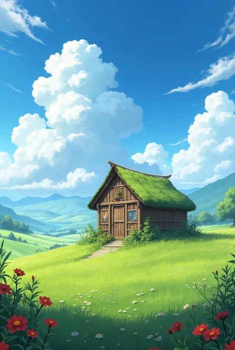 A beautiful wooden hut on the centre of large grassland that is filled with beautiful red flowers and bright sky 