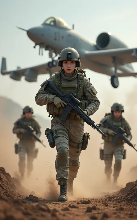 Ultra-high resolution，High-resolution details，Create an A-10 Thunderbolt to support infantry, I hope the infantry shows up too，The plane is also flying (1 Korean female soldier，Super beautiful，Super white skin，Super white face), (Wearing Army Camouflage Un...