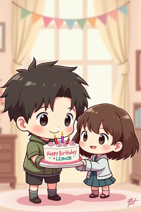 Make me a drawing of Jungkook chibi, holding a cake for a girl in chibi drawing with short shoulder length hair, and that the cake has letters that say “happy birthday Leonor” "