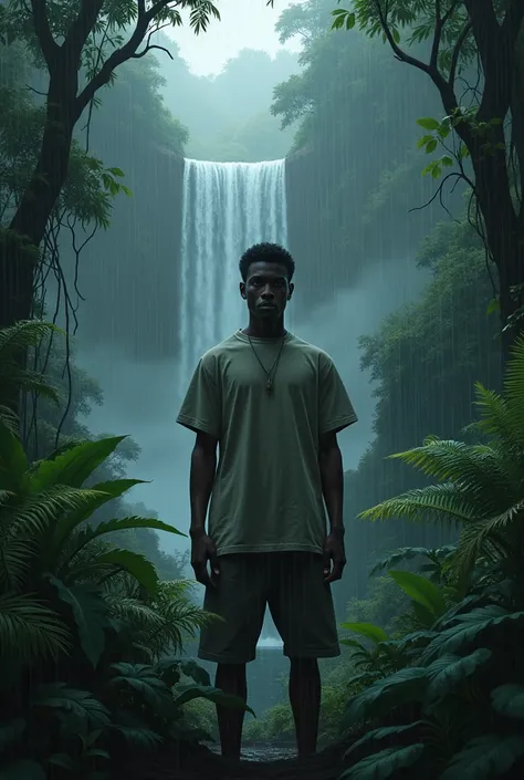 Black sad young man stand in jungle with waterfall rainy horror weather, cleae jungle 