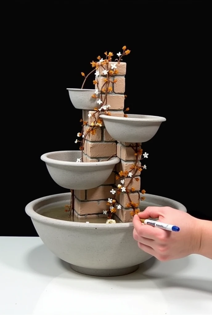 The image displays a tabletop water fountain crafted to resemble a multi-tiered structure with bowls or basins at different levels. It has a stone-like appearance with what looks like bricks or blocks comprising the main body. Theres artificial ivy with or...