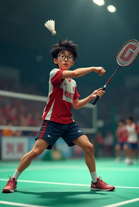 a young badminton player with a Yonex brand racket behind his body, wearing glasses and a jersey named Katzuya, facing backwards, about to do a backhand smash