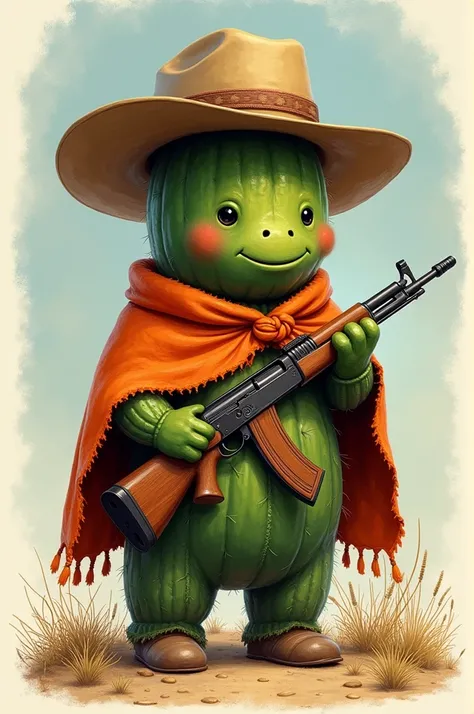 Cactus with a hat and a poncho holding an aka-47