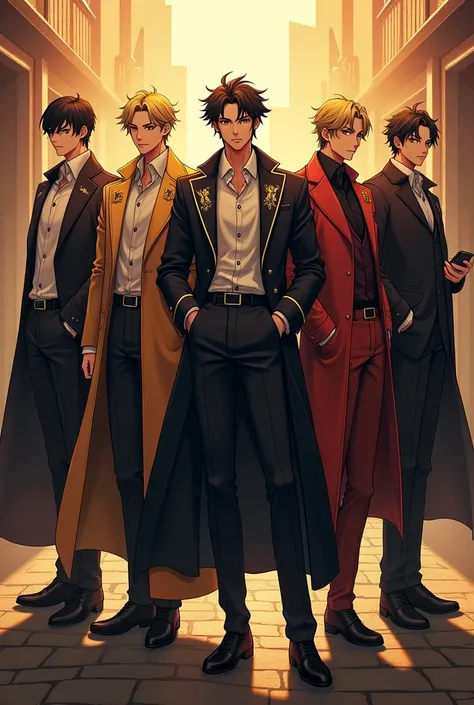 I need a image of seven anime boys team name golden boys with wearing coat 

