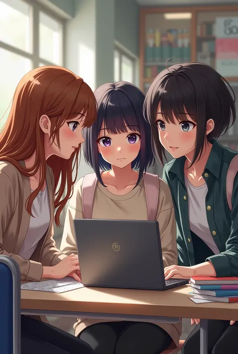 3 girls with 2 long hair and 1 with short hair and 1 boy see to short hair girl face who work in laptop in college senario and long hair girl see in laptop