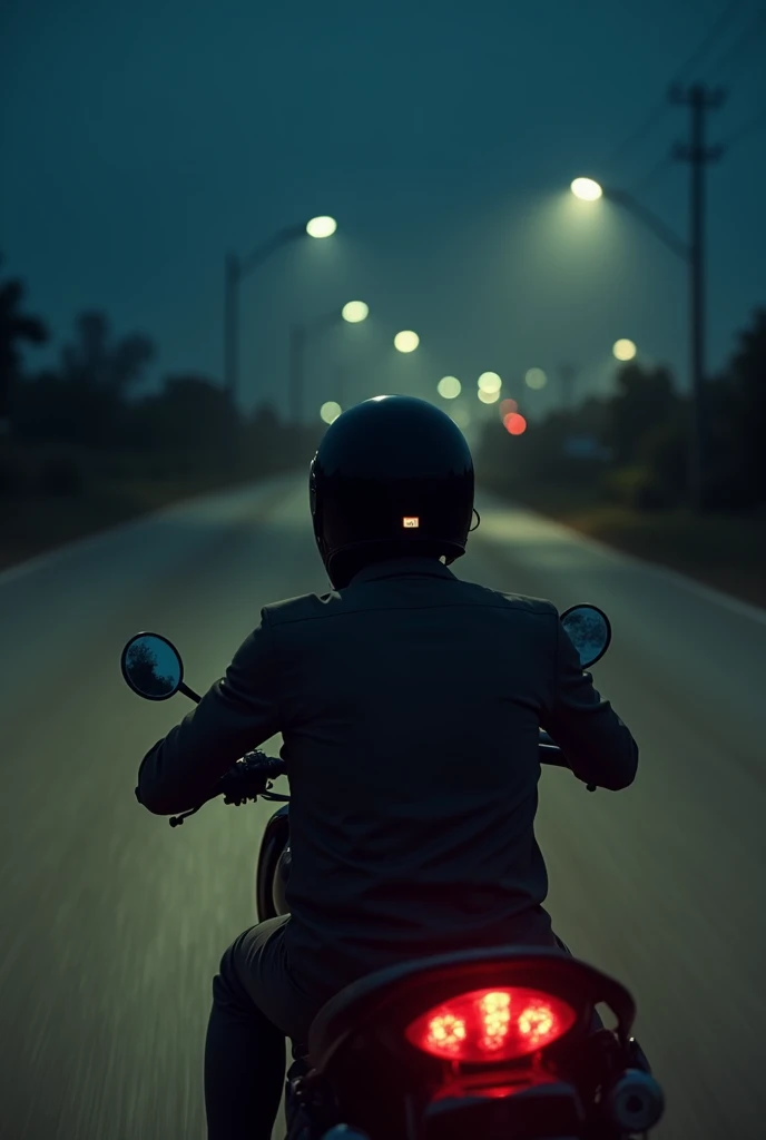 A nighttime scene on a deserted road, dimly lit by sparse streetlights. From an aerial perspective, the scene reveals a African black man in his mid-thirties, with a weary yet determined expression, riding a motorcycle at high speed. The camera then transi...