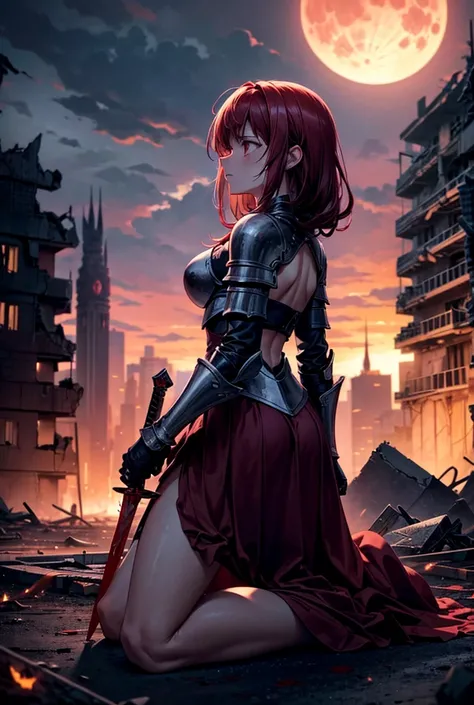 A lone female knight stands with her back to a large, blood-red full moon, her armor battered and her sword resting in the ground beside her. She is kneeling in the ruins of a destroyed city, her posture one of deep sorrow and regret, as if mourning the lo...