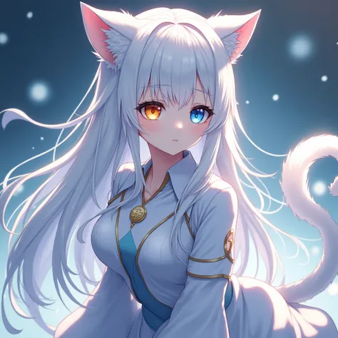 A woman with long white hair, heterochromia (gold and blue eyes), cat ears and tail, (best quality,4k,8k,highres,masterpiece:1.2),ultra-detailed,(realistic,photorealistic,photo-realistic:1.37),anime style,white fur. Zoom out picture. Long sleeve clothes.