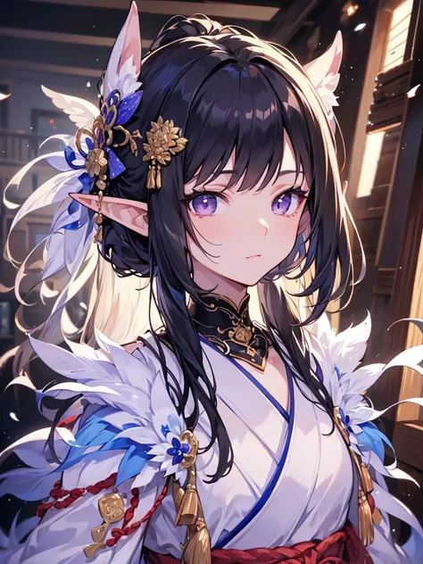 masterpiece, best quality, 1girl, ultra detailed, ultra highres, well-definded facial features, anatomically correct, cute girl, long pointy ears, elf, nice face,black hair, purple eyes, samurai, classicism