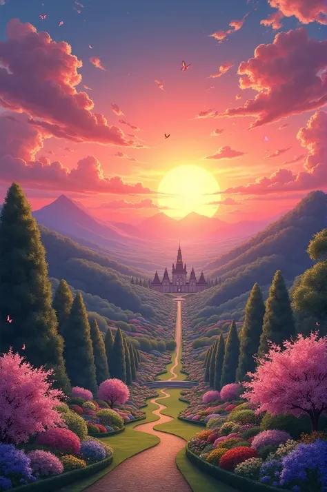 A beautiful sunset in biggest garden anime style 16:9 image