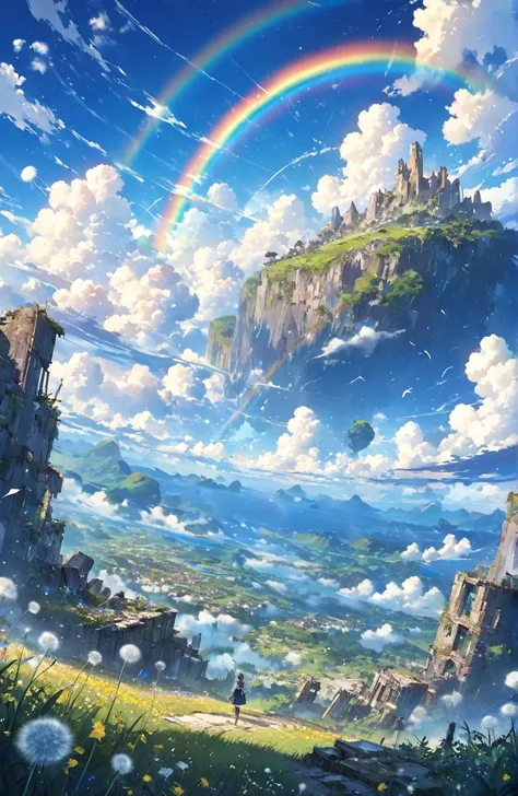 ((Astonishingly)),(masterpiece:1.2),超High resolution, Attention to detail, high quality, High resolution, 最high quality, 4K, 8k、very beautiful、landscape、landscape画、endless blue sky、A rainbow appears、There are a bunch of ruins there、Dandelion fluff flying,r...