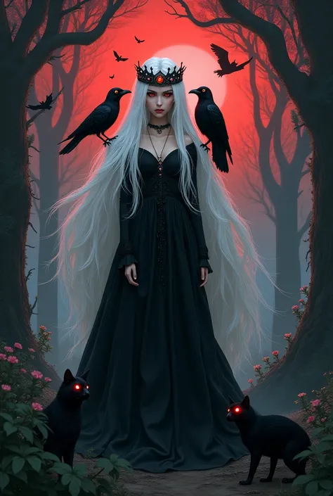 In a mystical forest, a teenage witch god stands, exuding a blend of beauty and power. Her long, white hair cascades over her shoulders, contrasting with her dark crimson-red eyes, one of which is hidden beneath a jeweled crown. She wears a black, flowing ...