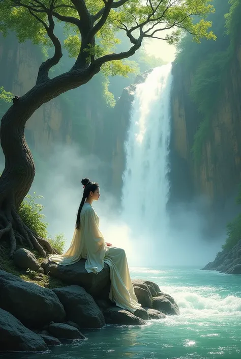 Ancient Chinese woman sits on a rock by a waterfall.
