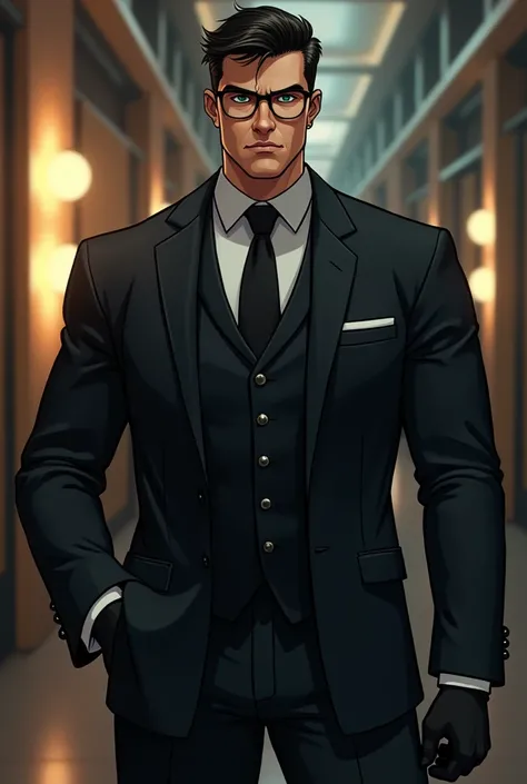 Bodyguard, white, male, black AND shorts hair, Green eyes, glasses, muscle Man, black suite, black gloves, 28 Years, semirealistic