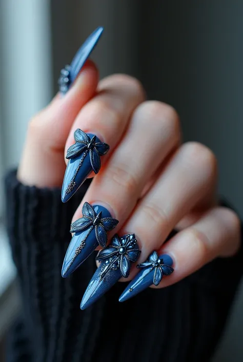 Make me extra long nails with 3D accents bows etc. Make it dark blue some nails can be french 