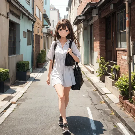 1 girl, brown hair, shill,Walking home with sadness