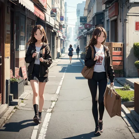 1 girl, brown hair, shill,Walking home with sadness