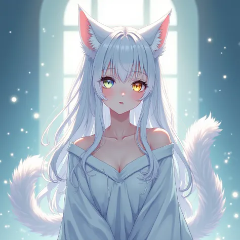 A woman of 20 years old with long white hair, heterochromia (gold and blue eyes), cat ears and tail, (best quality,4k,8k,highres,masterpiece:1.2),ultra-detailed,(realistic,photorealistic,photo-realistic:1.37),anime style,white fur. Zoom out picture. Long s...